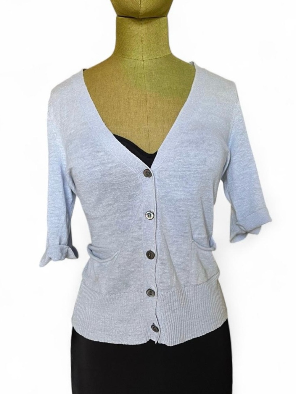 Eileen Fisher 100% Linen Knit Button Front Cardigan Sweater Light Gray
